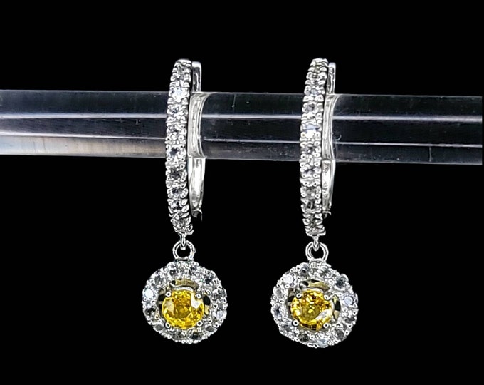 925 Rhodium-Plated Sterling Silver Yellow & White Sapphire 16.75mm Hinged Hoop Dangle Earrings.