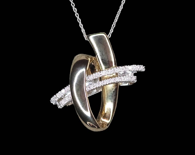 Gorgeous 14K Yellow & White Gold 1/3 ctw Diamond Free-Form Love Knot Cross Over Slide Pendant.