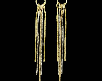 Handcrafted 14K Yellow & White Gold Tassel Drop Dangle Stud Earrings.