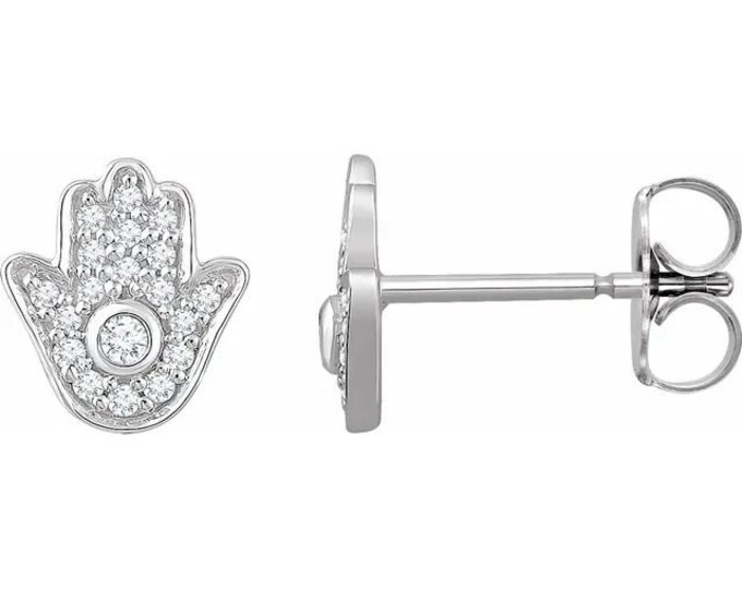Adorable Handcrafted 14K 1/5 CTW Diamond Hamsa Earrings. Available in 14K yellow gold and 14K white gold.
