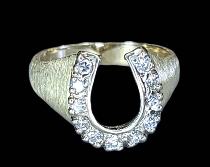 LUCKY HORSESHOE Diamond Ring W. Bark Finish 14k Yellow Gold Gift for