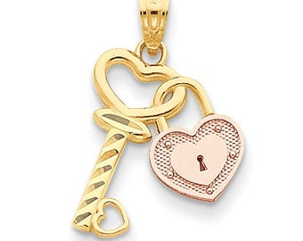 14 Karat Two-tone Yellow & Rose Gold Heart Lock and Key Pendant