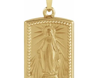 Beau pendentif médaille miraculeuse jaune massif 14 carats fabriqué à la main.