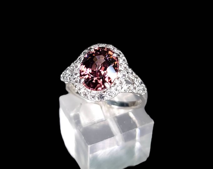 Rhodium 925 Sterling Silver Natural 4.50 CTW Pink Zircon & White Sapphire Halo Engagement Ring.