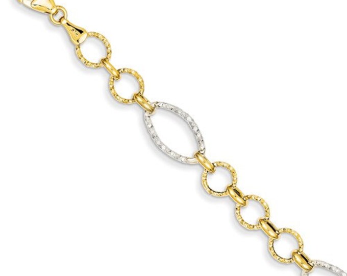 Beautiful 14 Karat Two-tone White and Yellow Gold Round & Oval Link 7.5" Inch Bracelet