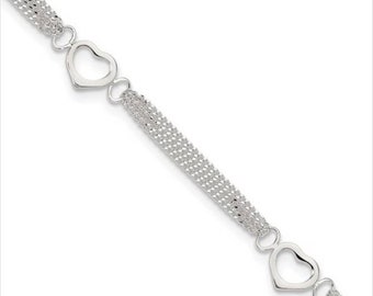 Rhodium-Plated 925 Sterling Silver 10-inch Polished Panther Link Heart Anklet W/ Lobster Catch.