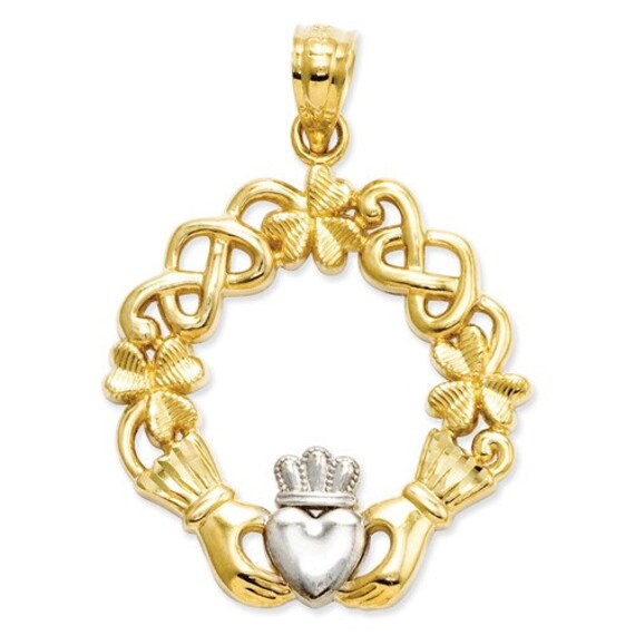14k Yellow And White Or Gold Celtic Knot Clover Wreath Claddagh Pendant - 14k Yellow Gold Celtic Knot Pendant 14k Yellow And White Or Gold Celtic Knot Clover Wreath Claddagh Pendant - 14k Yellow Gold Celtic Knot Pendant