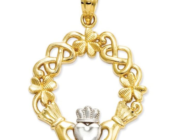 14k Yellow and White or White and Yellow Gold Celtic Knot Clover Wreath Claddagh Pendant