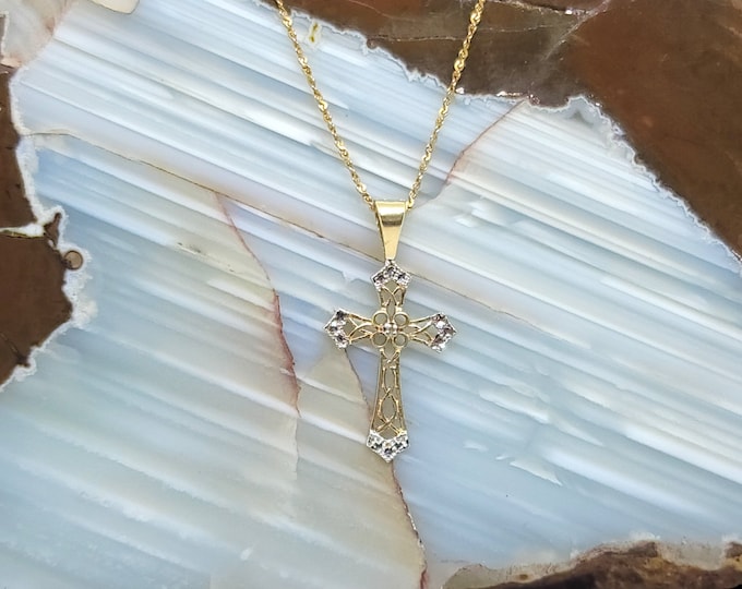 Beautiful Petite 14K Yellow & White Gold 26mm Diamond Filigree Cross Pendant.