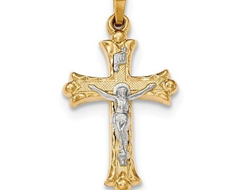 14 Karat Two-Tone Gold Textured and Polished INRI Crucifix Cross Pendant