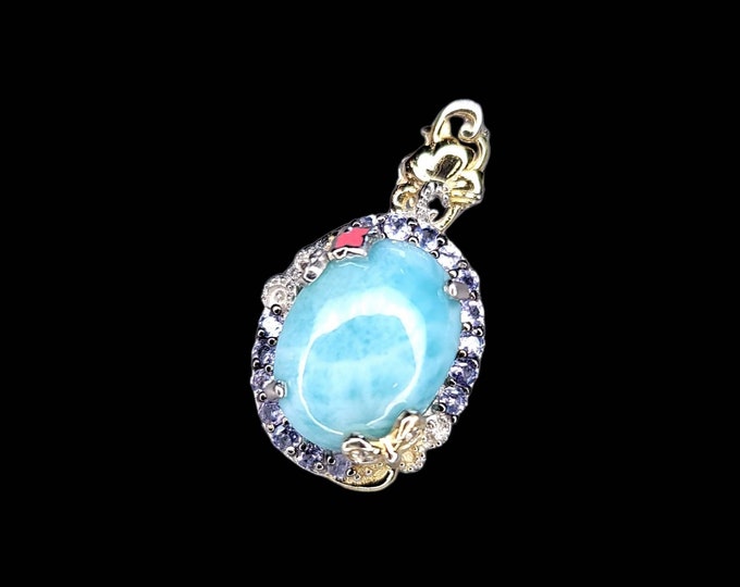 Beautiful Rhodium-Plated 925 Sterling Silver Natural Larimar & Tanzanite Pendant.