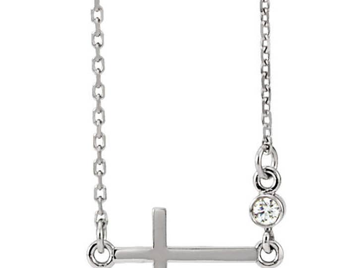 Custom Solid Sterling Silver , Platinum or 14 Karat Rose, White or Yellow Gold .03 CTW Natural Birthstone Sideways Cross 16-18" Necklace