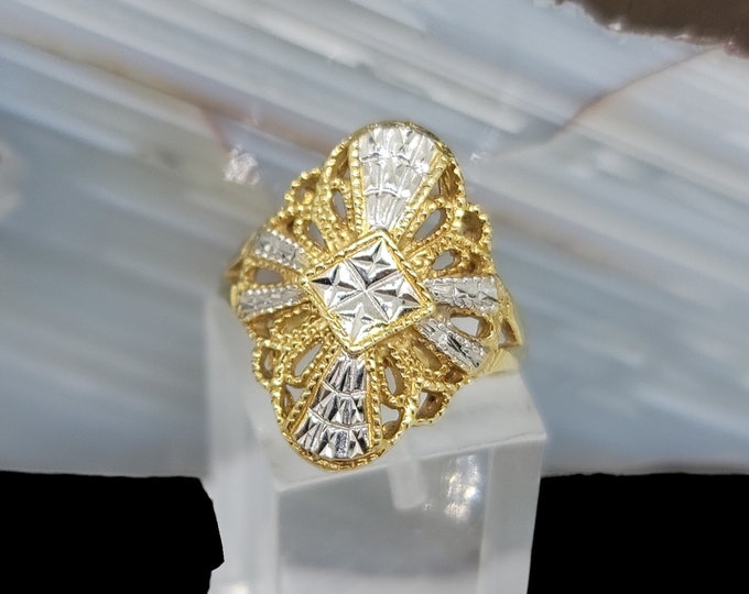 Beautiful 14 Karat Yellow & White Gold Diamond Cut Filigree Cross Ring.