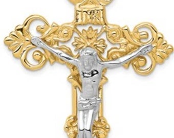 Custom 14 Karat Gold Two-tone 68mm X 36mm INRI Fleur De Lis Crucifix Pendant