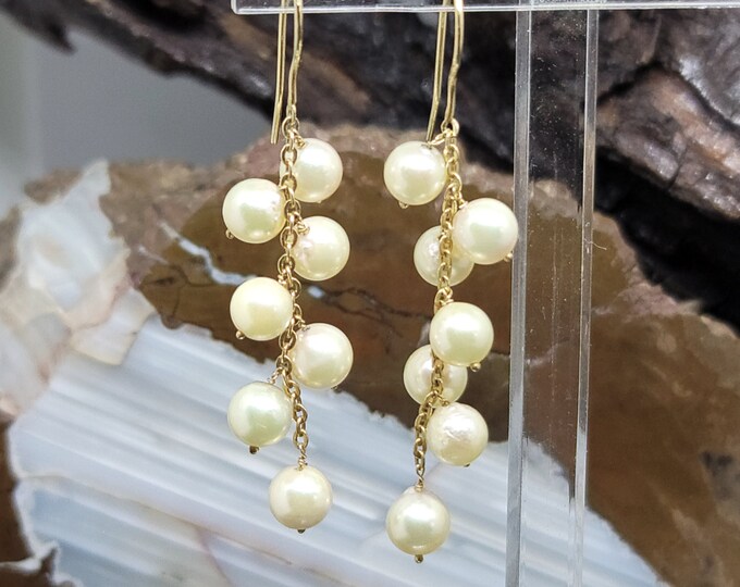 Handmade 14K Yellow Gold Drop Dangle Pearl Earrings.