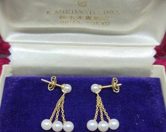 Gorgeous Retro K. Mikimoto 14k Yellow Gold Pearl Dangle Stud Earrings W. Original Box.