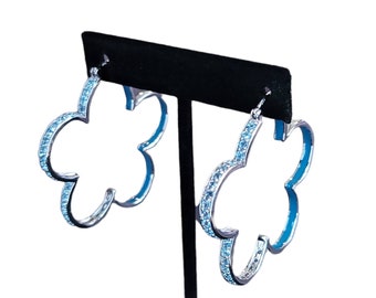 Rhodium 925 Sterling Silver Blue Topaz & Blue Enamel 49.5mm Flower Hoop Earrings.