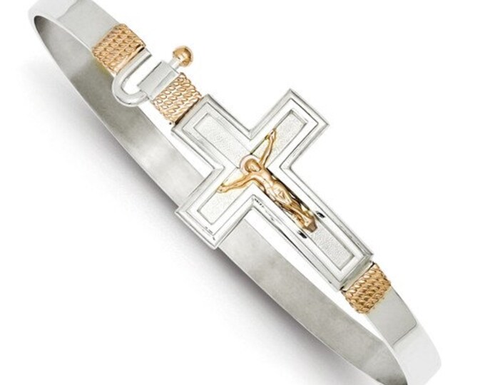 Beautiful Handcrafted Sterling Silver & 14k Rose Accent Crucifix Cross Hook Catch Bangle