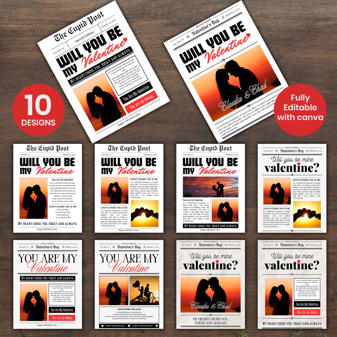 Valentine’s Cupid Post Newspaper Template Bundle Editable Canva