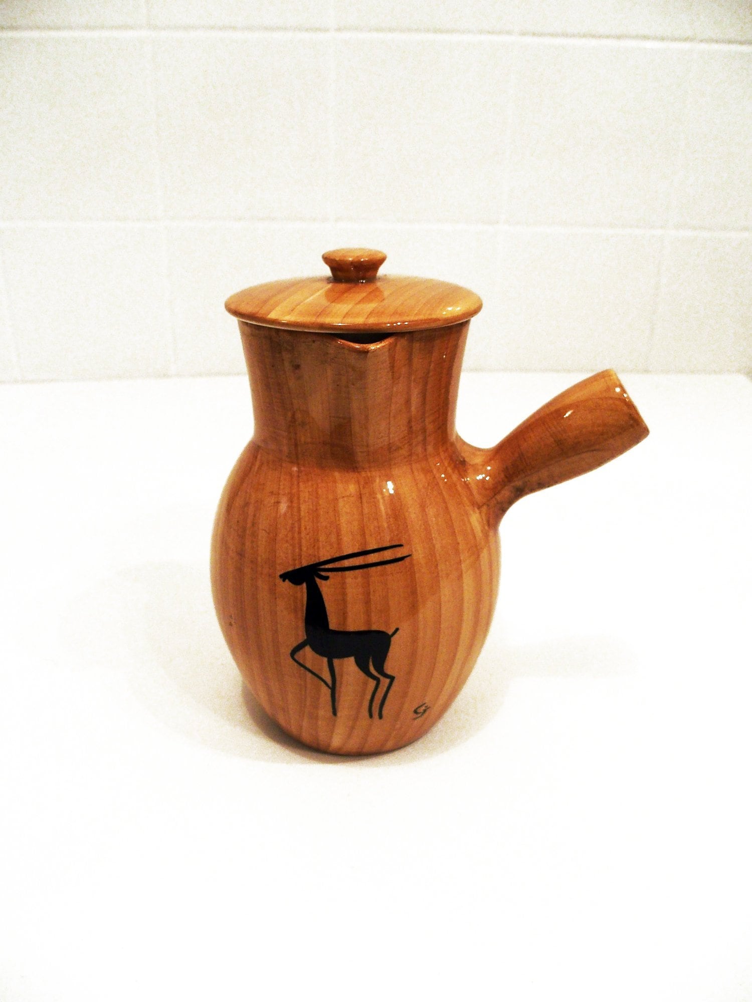 Grandjean Jourdan - Vallauris Pichet Vintage 50's Décor Imitation Bois/Motif Gazelle et Signature