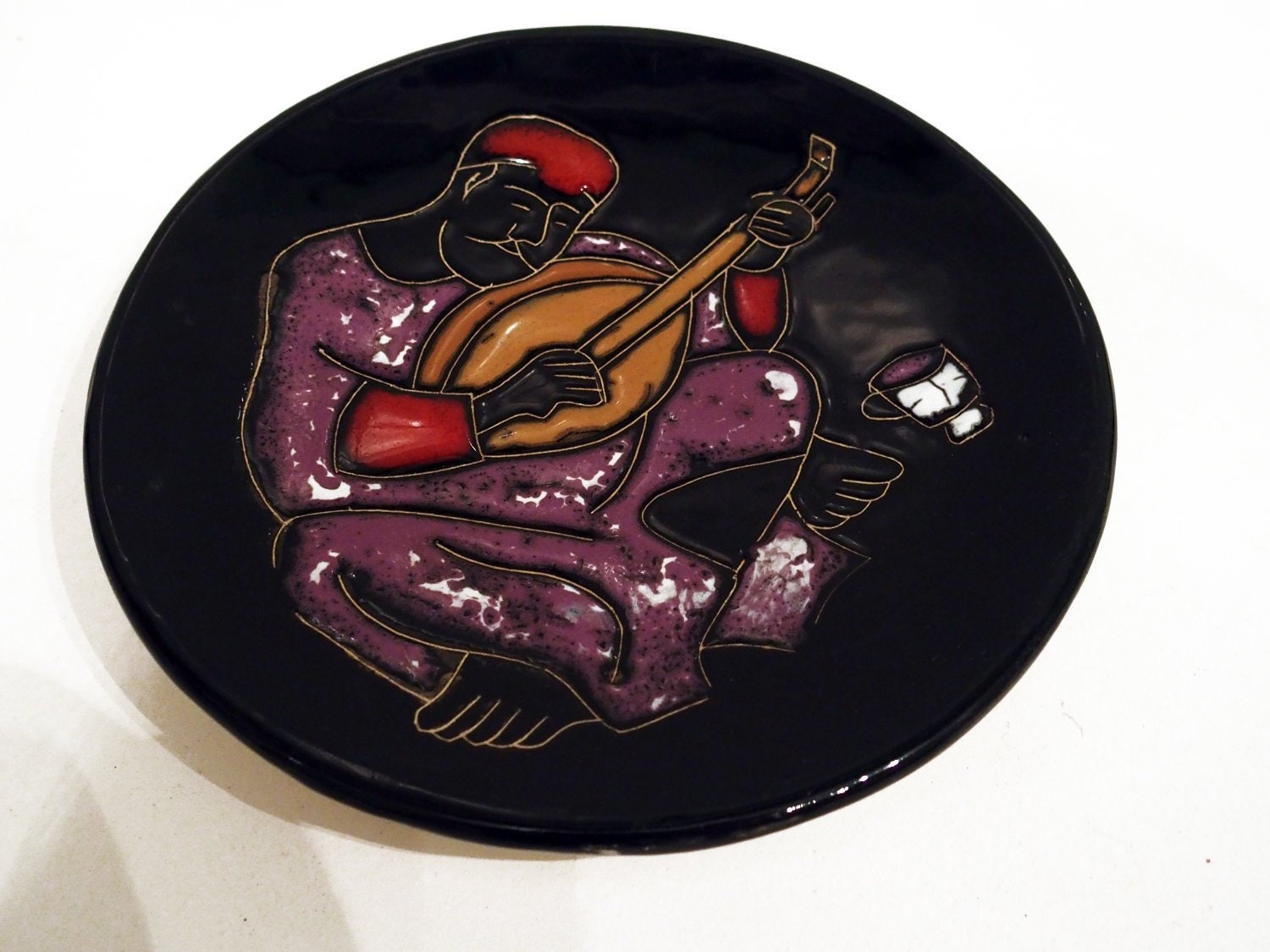 Assiette Murale Souvenir - Vintage en Terre Cuite Vernissé Décoré Main Illustration Relief Représent