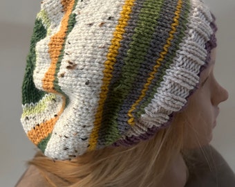 Hand knitted slouchy woollen beanie. Multicoloured.  Handmade in South Australia