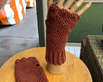 Handmade crochet brown cotton  Fingerless gloves arm warmer  mittens.