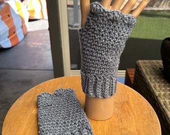 Handmade crochet blue  Fingerless gloves arm warmer  mittens.