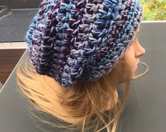 Slouchy Purple Grey Blue Crochet Rasta Tam Beanie Hand made in South Australia.