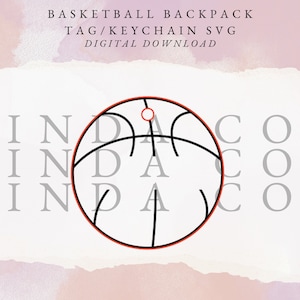 May include: Black and white basketball graphic with a red outline. The text "IND" is repeated three times on the left side of the image and the text "CO" is repeated three times on the right side of the image. The text "PAY" is in the center of the image. The image is a digital download for a basketball backpack tag or keychain.