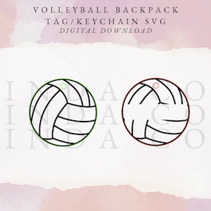 May include: Two black and white volleyball SVG cut files for a keychain or tag. The volleyball is outlined in black with white stitching.