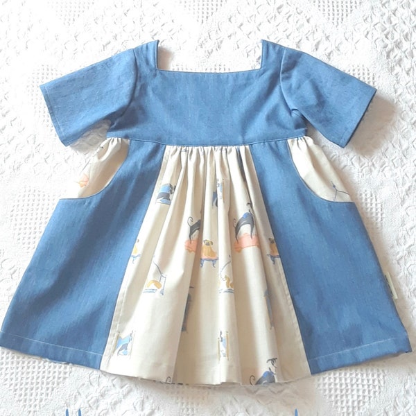 Blue denim and dogs print, dress for little girls