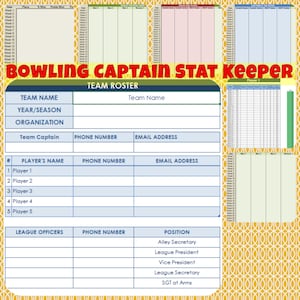 Può includere: Un foglio di roster di squadra di bowling e di tenuta delle statistiche stampabile. Il foglio include sezioni per il nome della squadra, l'anno/stagione, l'organizzazione, il capitano della squadra, i nomi dei giocatori, i numeri di telefono, gli indirizzi e-mail, i funzionari della lega, i numeri di telefono e le posizioni. Il foglio include anche una sezione per il monitoraggio delle statistiche dei giocatori.