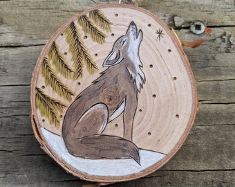 Howling wolf wood burned ornament