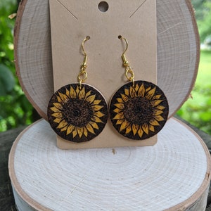 Hand burned sunflower earrings