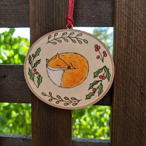Sleepy Fox wood slice ornament