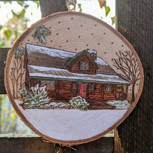 Custom home ornaments burned on a wood disc