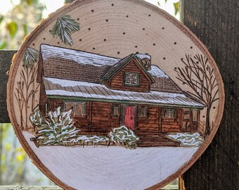 Custom home ornaments burned on a wood disc