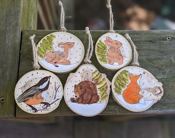 Wood burned forest animal ornaments