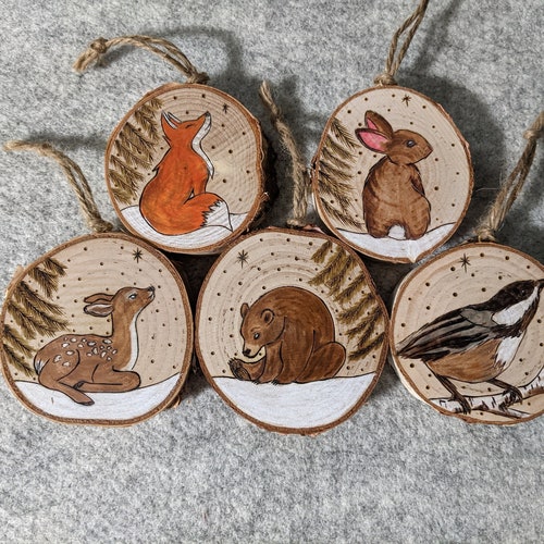 Wood Animal Ornaments Woodland Christmas Bamboo Owl Fox Etsy