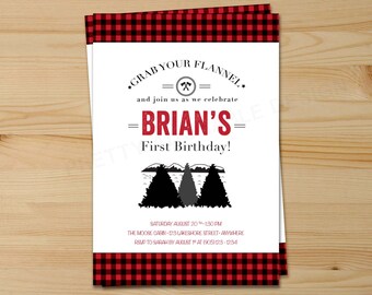 Buffalo Plaid  Birthday Invitations, Lumberjack First Birthday, Lumberjack Party Invitations, First Birthday Invitations, Woodland
