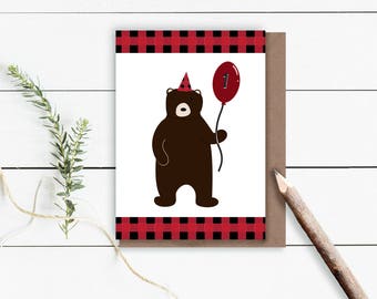 Plaid First Birthday Card for Kids, Birthday Card, Plaid Birthday Card, Buffalo Plaid, Kids 1st Birthday Buffalo Plaid Card