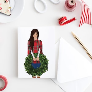 Carte d’illustration de mode de Noël, Carte de plaid de Noël, Carte de cape à carreaux de femme de Noël, Carte de couronne de Noël, Carte de couronne de Noël
