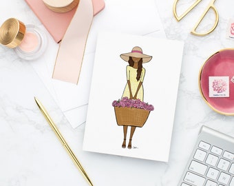 Gingham Dress Fashion Greeting Card, Woman With Basket Of Peonies, Gingham Dress, Spring Greeting Card