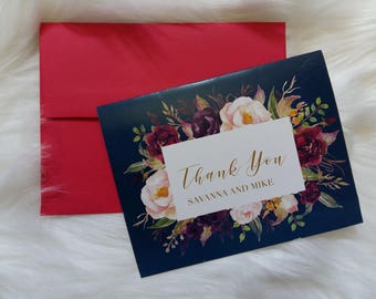 Navy And Marsala Thank You Cards, Wedding Thank You Cards, Wedding Cards, Bridesmaids Cards, Navy Wedding Cards, Marsala Thank You Cards