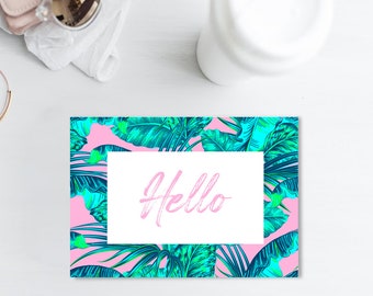 Hello Tropical Summer Greeting Card, Tropical Leaf Greeting Card