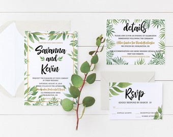Tropical Leaves Gold Wedding Suite, Spring Wedding, Wedding Invitation, Invitation Suite, Greenery, Tropical Invitations,  Watercolour