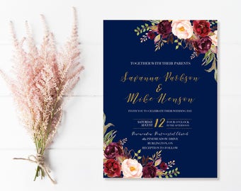 Navy And Marsala Wedding Invitations, Navy And Marsala Floral Invitations, Printable Wedding Invitations, Fall Wedding Invitation