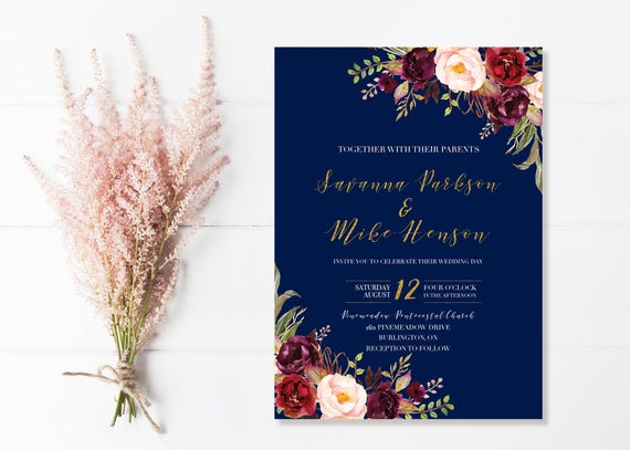Navy And Marsala Wedding Invitations, Navy And Marsala Floral Invitations, Printable Wedding Invitations, Fall Wedding Invitation Il_570xn