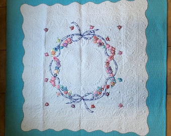 Vintage Linen Hand Embroidered Quilt